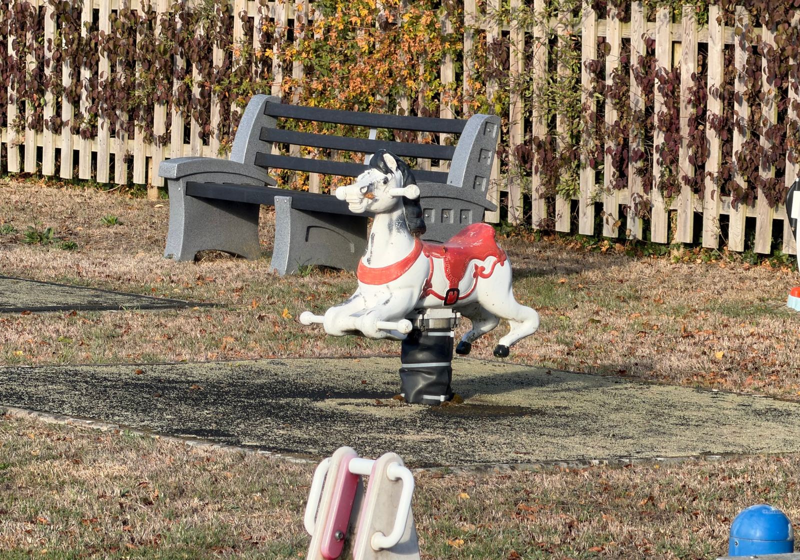 The rocking horse from 1961, still in the play area in October 2026